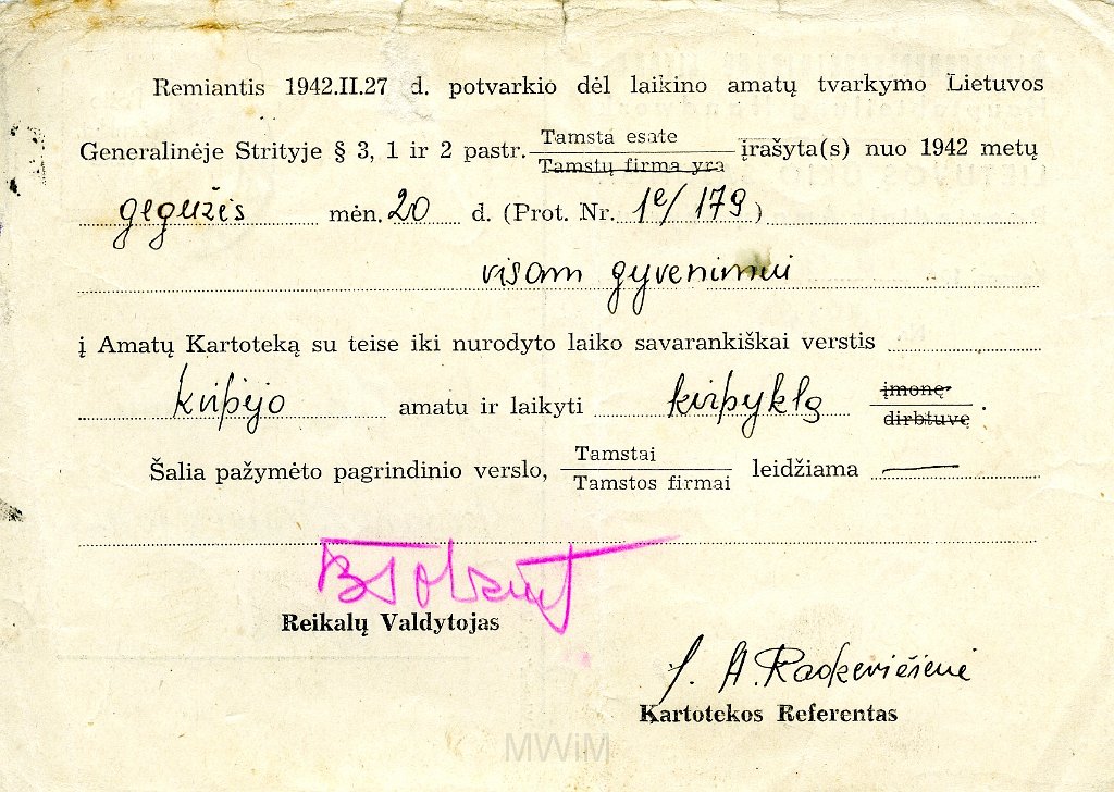 KKE 5744a.jpg - (litewski) Dok. Legitymacja uprawniajaca do zarządzania zakładem dla Antoniego Graszko, Wilno, 17 VI 1942 r.